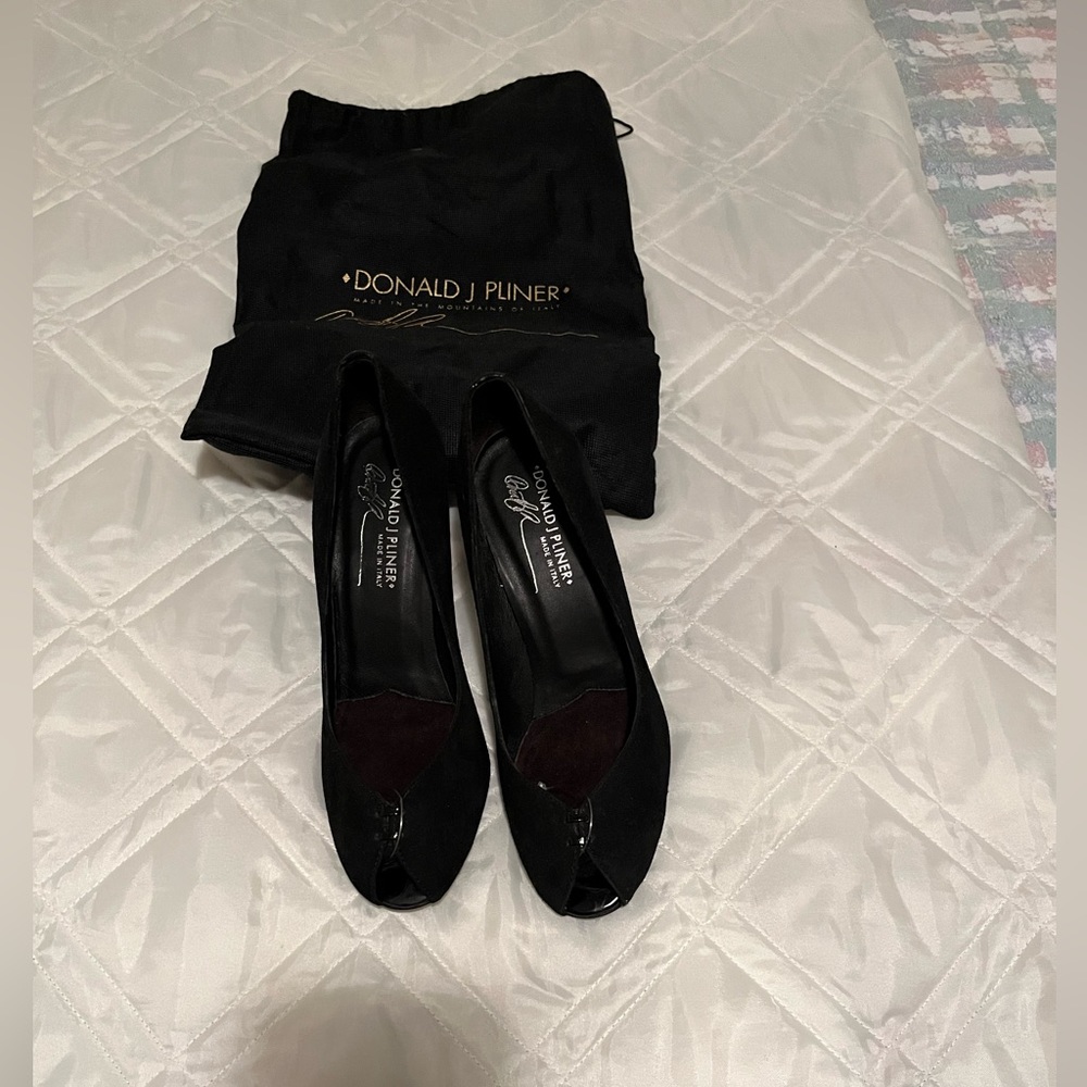 Donald Pliner black suede open toe with leather heel and back side as well-NWOT